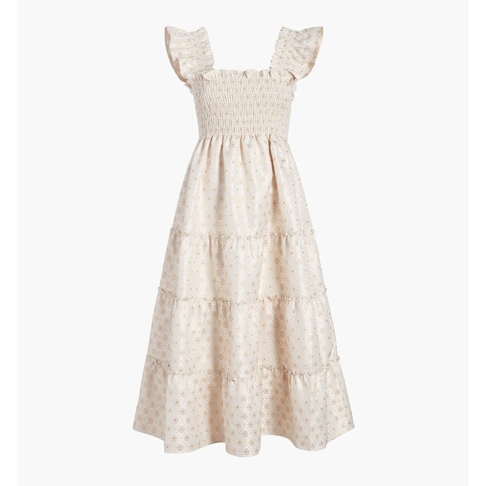NWT Hill House Ellie Nap Dress in Gold Jacquard Smocked Tiered Midi M